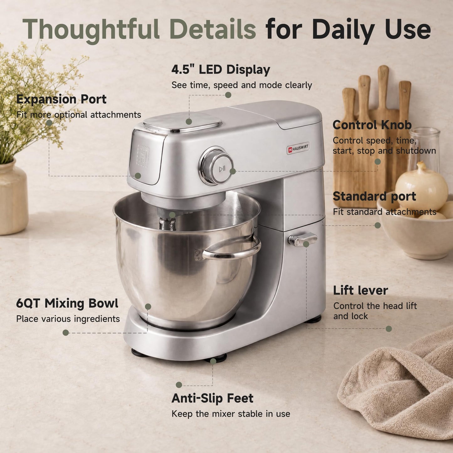 Hauswirt Stand Mixer 6QT XL Large, 4.5" LED Touch Screen Electric Household Stand Up Mixer, Full Metal Structure Standing Mixer 11-Speed, Dough Cake Bread Mixer – Silver