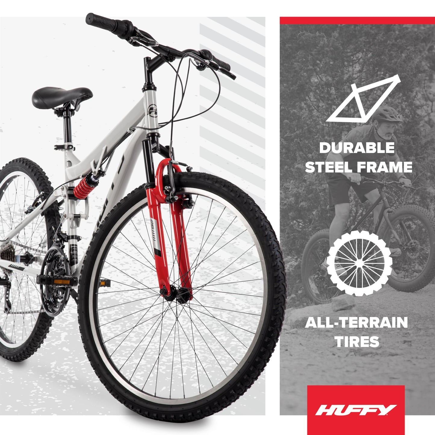 Huffy Stone Mountain Mens 26 Inch Mountain Bike, Cloudy Grey Gloss Frame, 21-Speed Shimano Twist Shifting, Dual Suspension, Comfort Saddle | 20"/24"/26" Sizes, 6-21 Speeds, Dual Suspension Available |