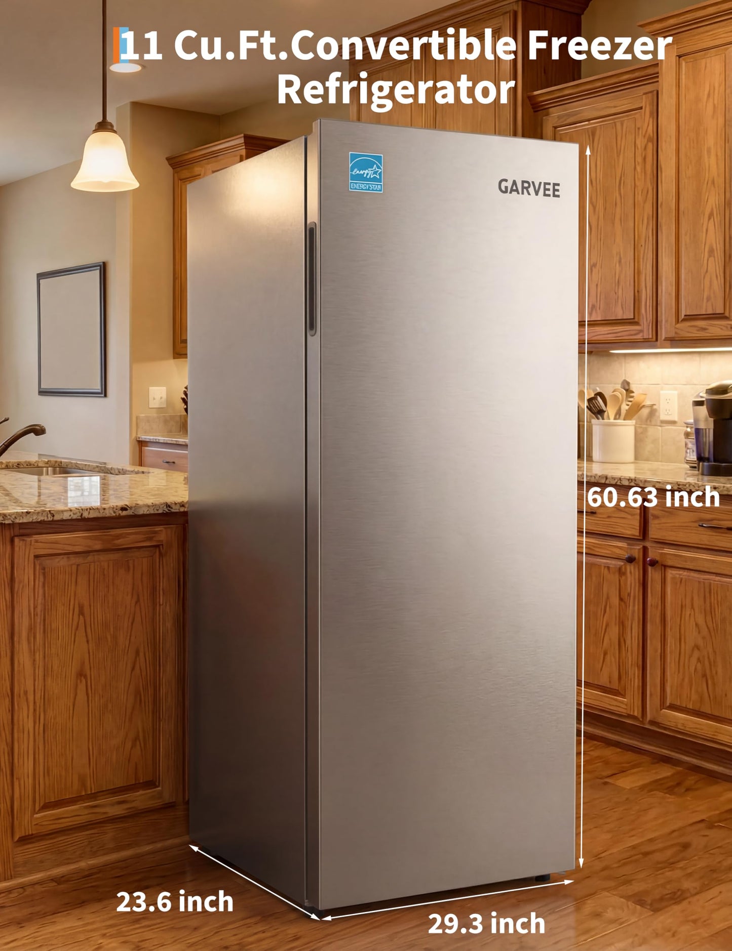 11 Cu. Ft. Upright Convertible Fridge/Freezer, Energy Saving Refrigerator with Reversible Door, Auto Defrost, Removable Glass Shelves & Adjustable Controls