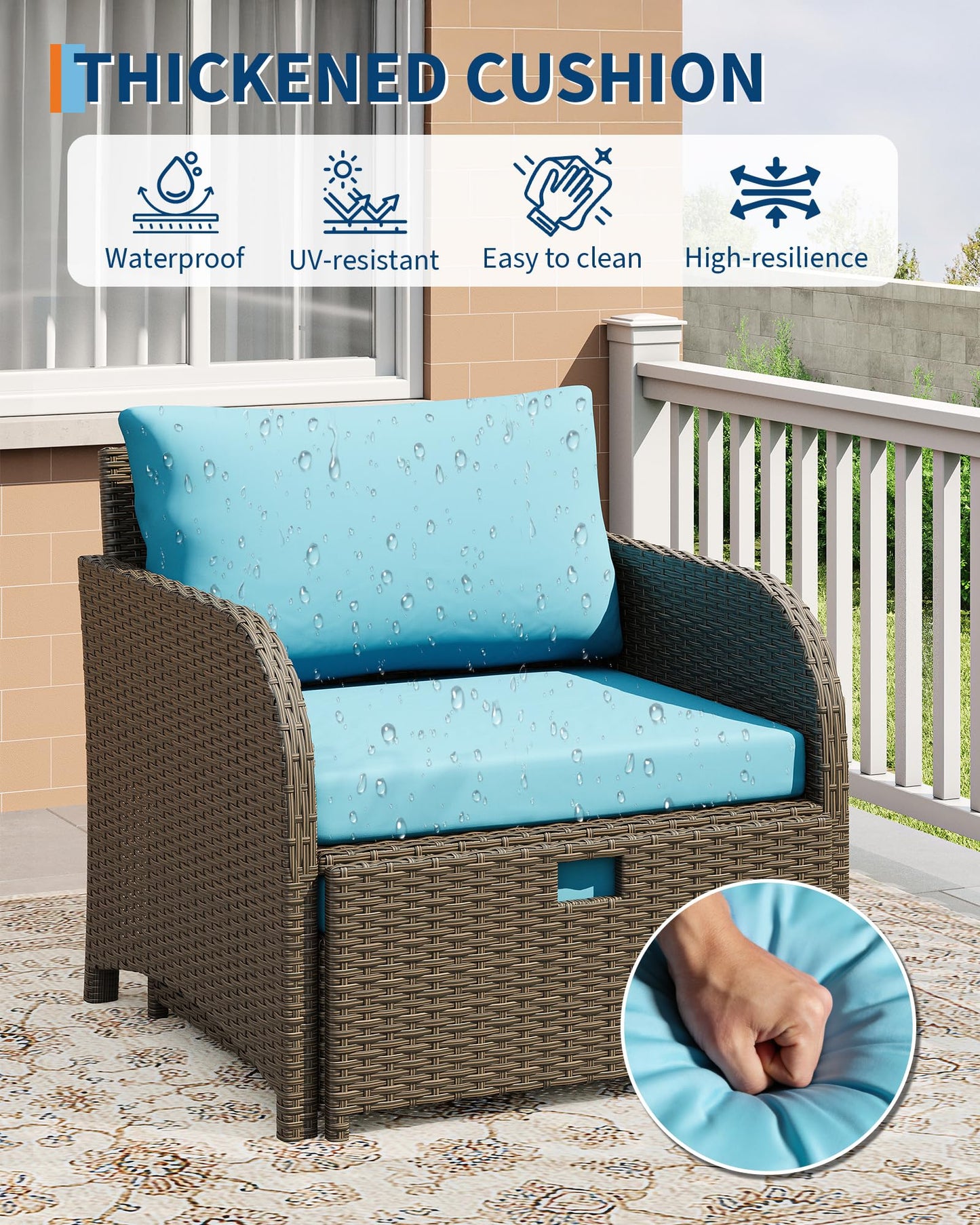Garvee Patio Furniture Set, 5-Piece PE Rattan Wicker Outdoor Seating Set with Ottomans and Glass Tabletop, All-Weather Conversation Furniture for Garden Balcony