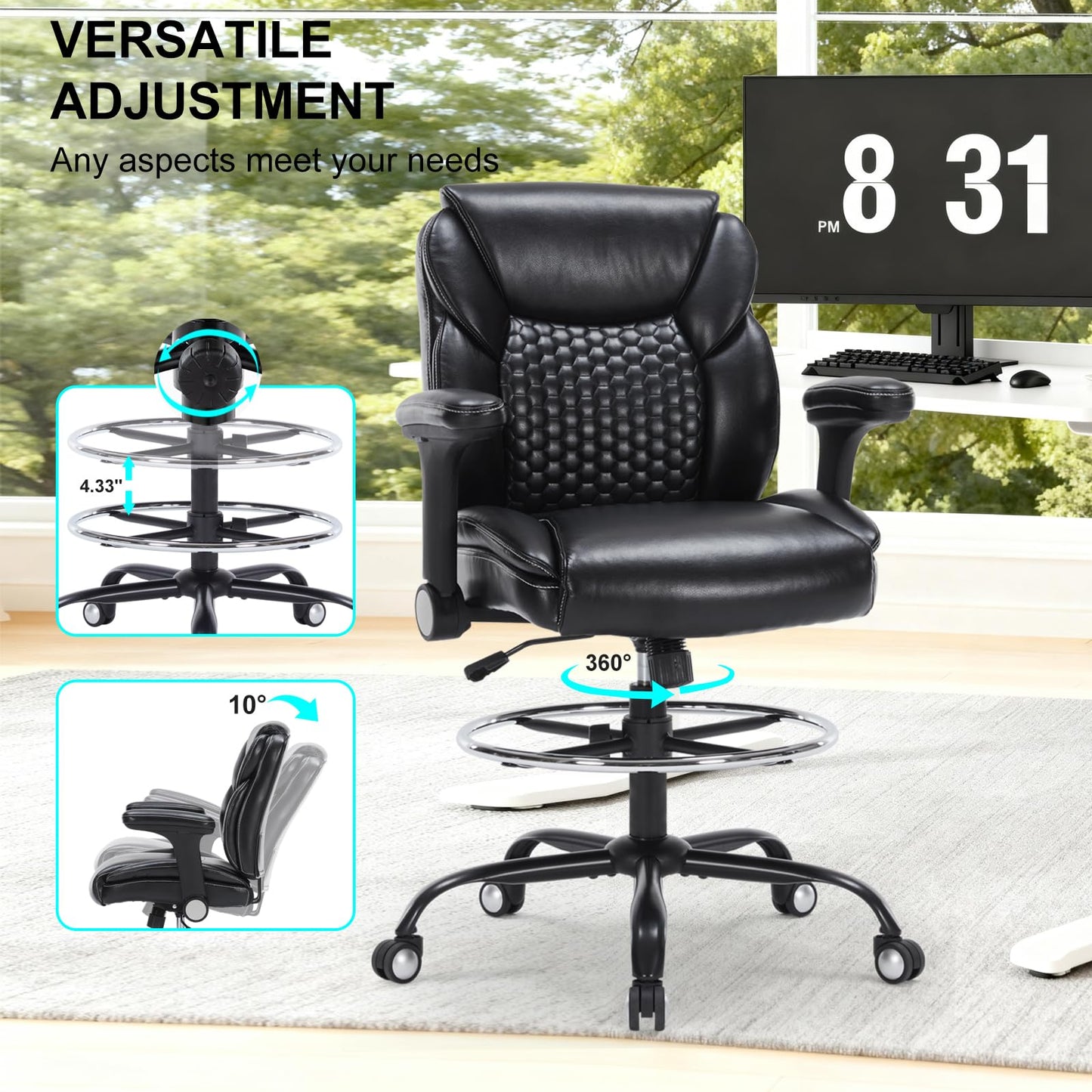 Drafting Chair, Tall Office Chair with Adjustable Armrests Mid-Back Standing Desk Chair with Footrest Ring, PU Leather High Executive Desk Chair Counter Height Office Chair for Home and Office, Black