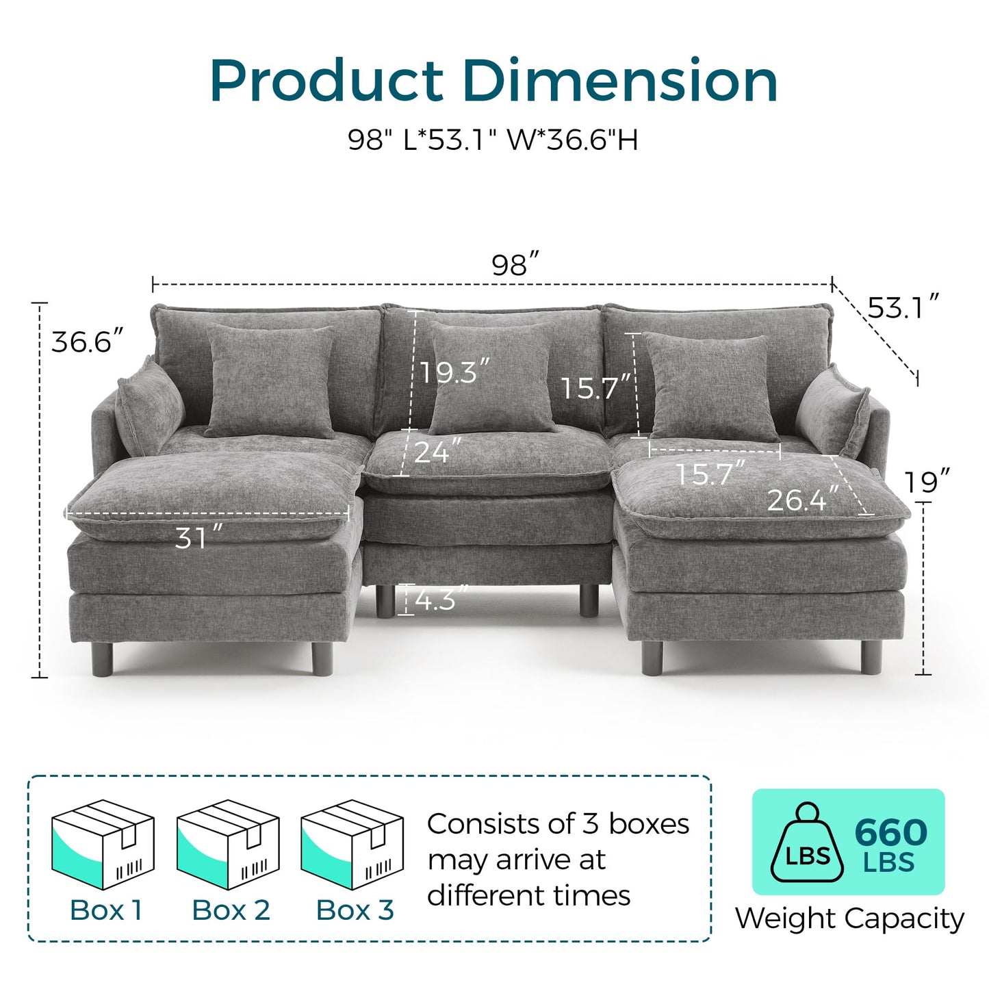 LINSY HOME 98'' Modular Sectional Sofa 3 Seat Couch Chenille Cloud Couch with Deep Seat, U Shaped Couch with 2 Movable Ottoman for Living Room, Office, Bedroom, Grey(Pillows Included)