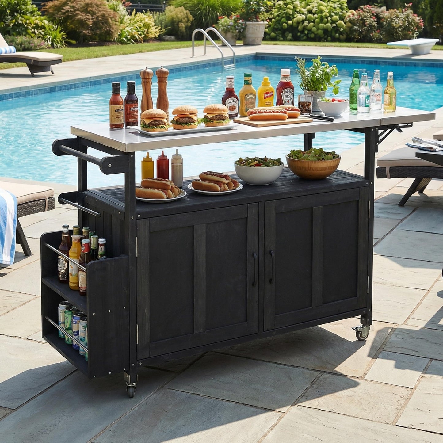 Outdoor Kitchen Island Cart with Foldable Stainless Steel Top, Rolling Grill Table with Adjustable Shelf Storage Spice Rack and Towel Holder, Wooden BBQ Prep Station with Lockable Wheels, Black