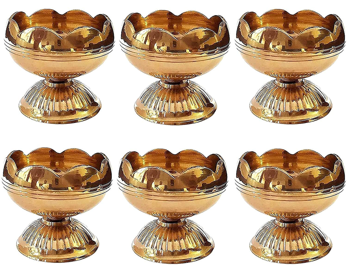 Craftsman Brass Diya Set - 6 Pc Handmade Oil Lamp for Diwali Decoration, Golden, Nanda Diya Model, Traditional Indian Home Gift