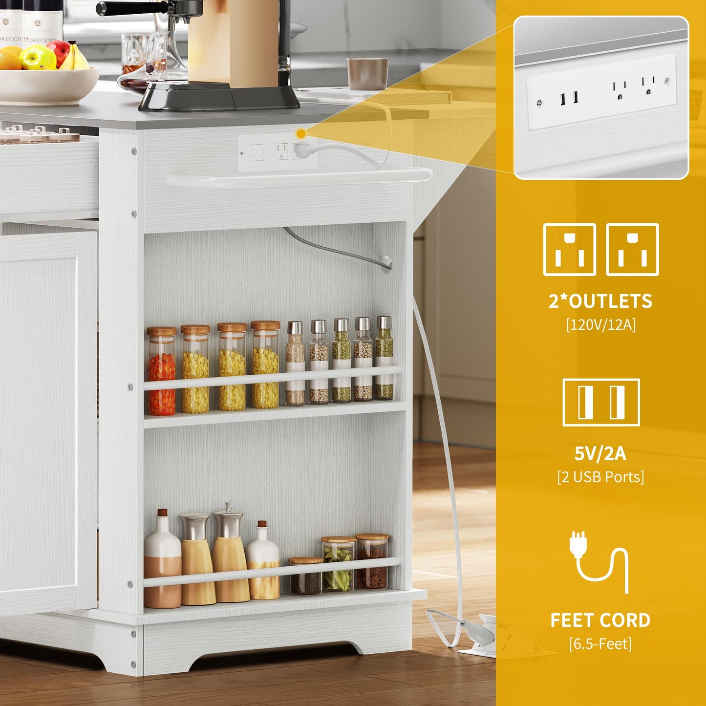 DWVO Kitchen Island with Stainless Steel Top & Power Outlet, 60 Inch Kitchen Island on Wheels with Drop Leaf, Large Rolling Mobile Center Islands w Storage Drawer Cabinet Counter Metal Top, White