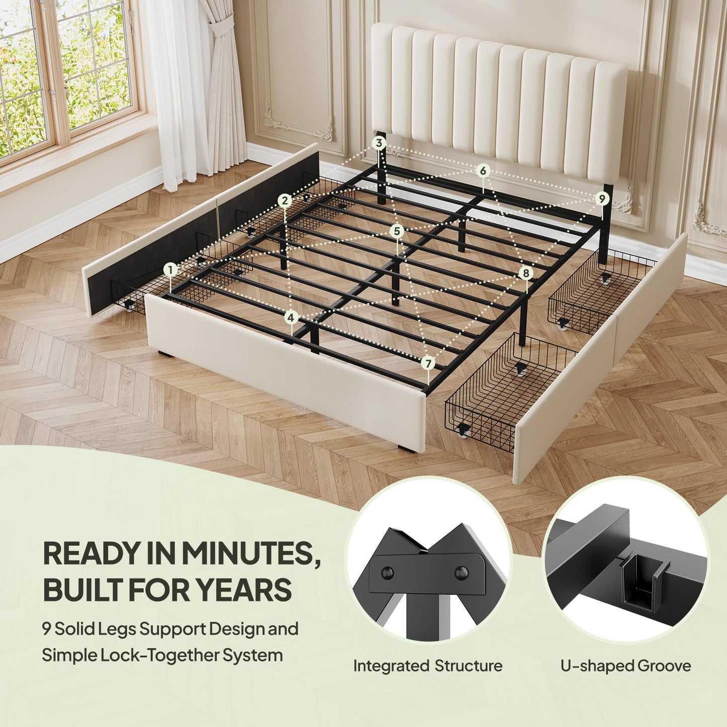 Welzona Queen Velvet Bed Frame with 4 Storage Drawers, Fully Upholstered Metal Platform Bed Frame with Vertical Channel Tufted Headboard, 3-Level Height, Easy Assembly, No Box Spring Needed, White