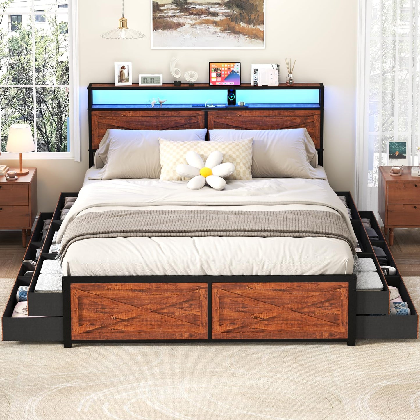 Kiivakii King Size Bed Frame with 12 Storage Drawers, LED Headboard with Charging Station, Metal Bed Frames, No Box Spring Needed, Noise Free, Stable and Solid, Red Brown
