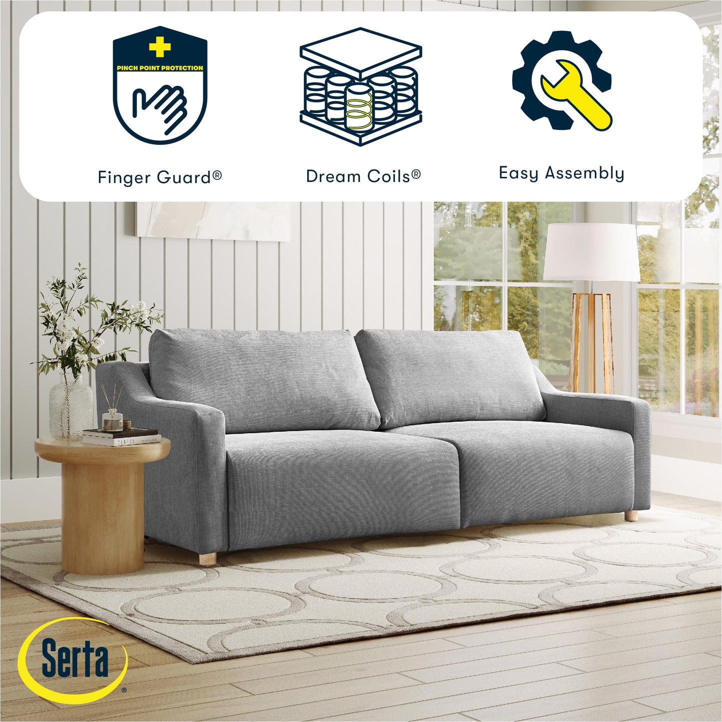Serta Glendale 90.2" Queen Size Wall-Hugging Convertible Sofa, Dreamcoil Comfort, Chenille Fabric, Grey