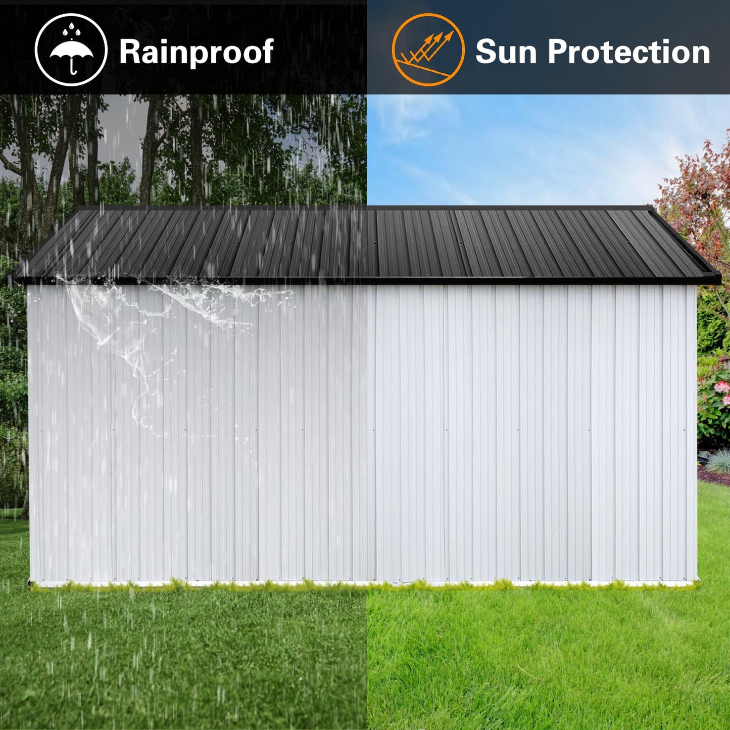 YOPTO 12x10 FT Outdoor Storage Shed,Metal Shed W/Goods Shelves & Window,Garden Tool House W/ 2 Vents & Lamp Hanging Hole & Apex Roof and Lockable Doors,for Backyard Patio Lawn,White+Black