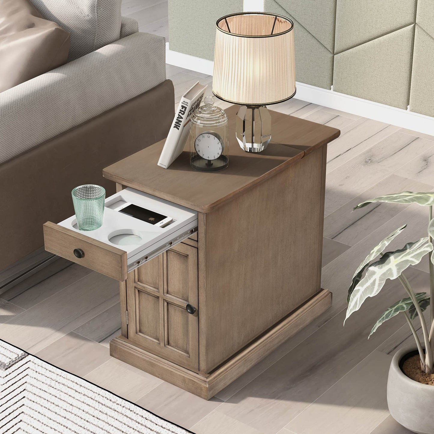 Knocbel Accent Narrow End Table with Hidden USB Ports, Pull-Out Tray, Storage Cabinet and Drawer, Living Room Sofa Couch Side Table Bedroom Bedside Table Nightstand, Fully Assembled (Antique Brown)