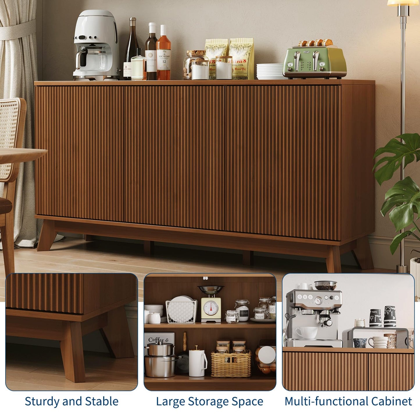 GarveeHome 58" Modern Farmhouse Sideboard Buffet Cabinet with Adjustable Shelves Storage & 4 Doors, Wood Buffet Console Table, Curved Design, Cupboard Coffee Bar Cabinet for Dining Room, Living Room
