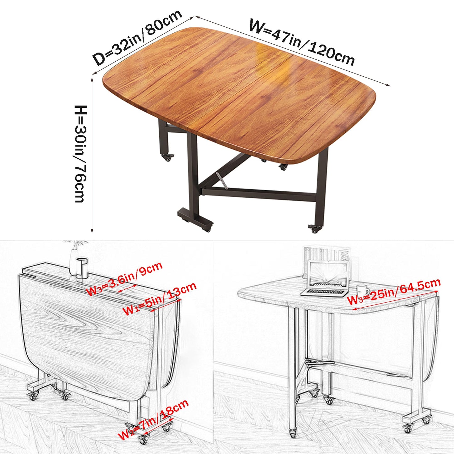 Rukulin Multifunction Table Drop Leaf Dining Table - 47" Wooden Foldable Kitchen Table with 6 Wheels (Brown)