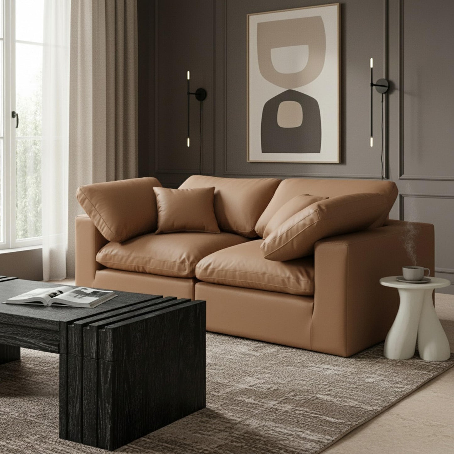 Meridian Furniture 188Cognac-S80 Comfy Collection Modern | Contemporary Upholstered Modular Sofa with Soft Cognac Vegan Leather, Fiber-Filled, 80" W x 40" D x 34.5" H, Cognac