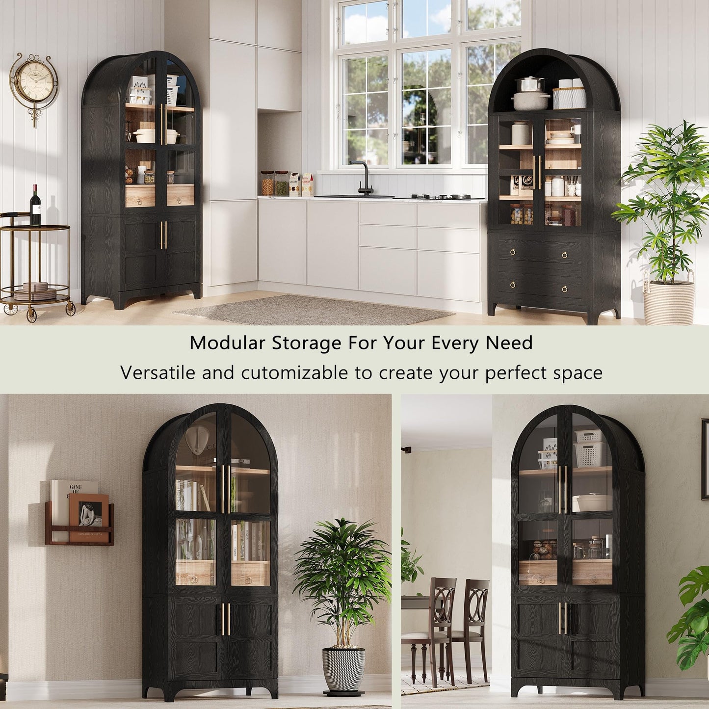 GDFStudio Mariah 71" Tall Arched Kitchen Pantry Cabinet with Hidden Drawer, Glass Door & Adjustable Shelves, Farmhouse Storage Cabinet Cupboard for Kitchen Dining Room, Home Pantry Storage, Black