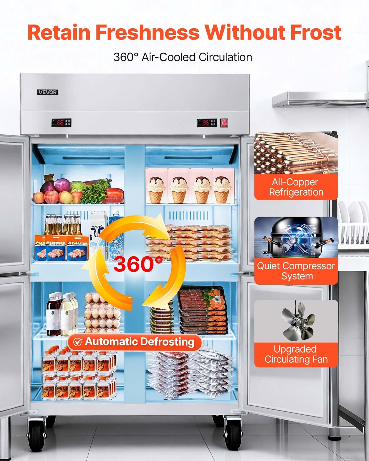 VEVOR Commercial Refrigerator and Freezer Combo 48" W, 31 Cu.Ft Stainless Steel Upright Freezer/Refrigerator with 4 Doors, Auto-Defrost, 6 Adjustable Shelves, UL Certified