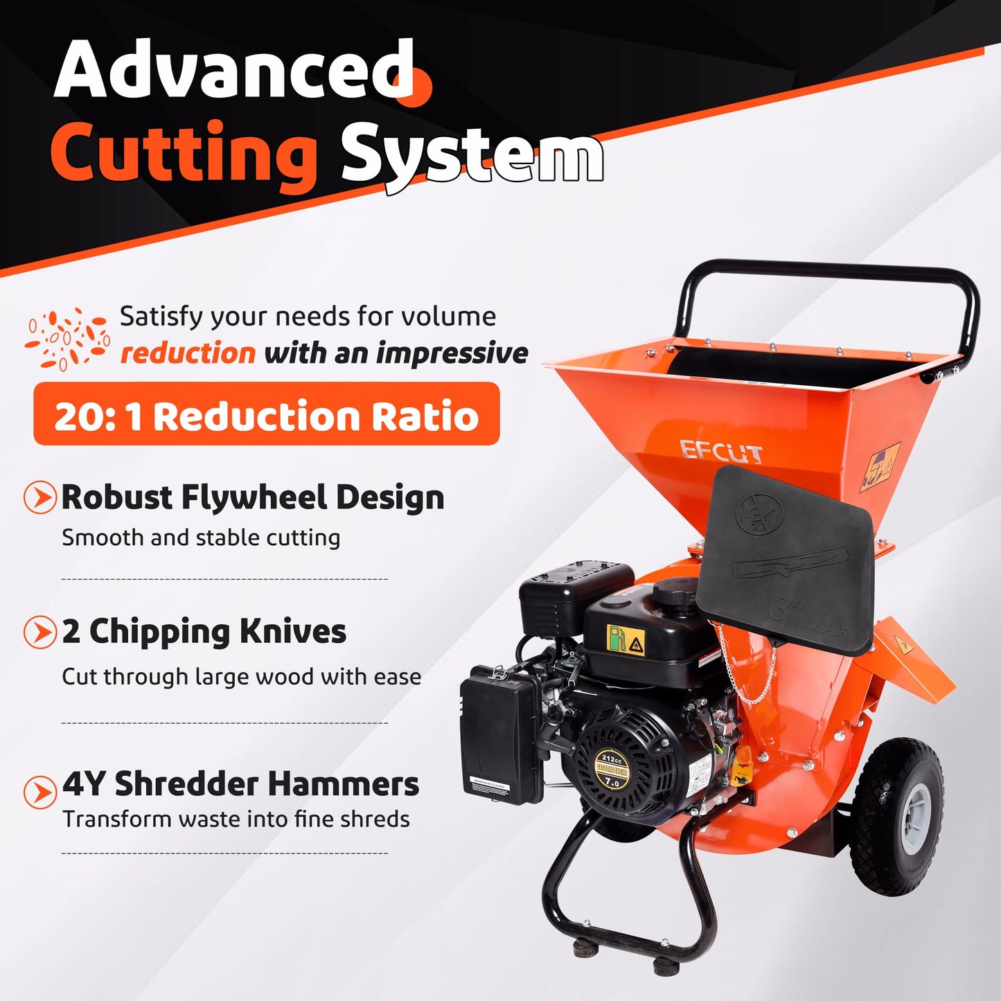 EFCUT 3 in 1 Wood Chipper Shredder Mulcher, 7 HP 212cc Heavy Duty Gas Powered, 3" Inch Max Wood Diameter Capacity, 2 Hoppers Multi-Function with Large Cutting Disc, Included Debris Bag