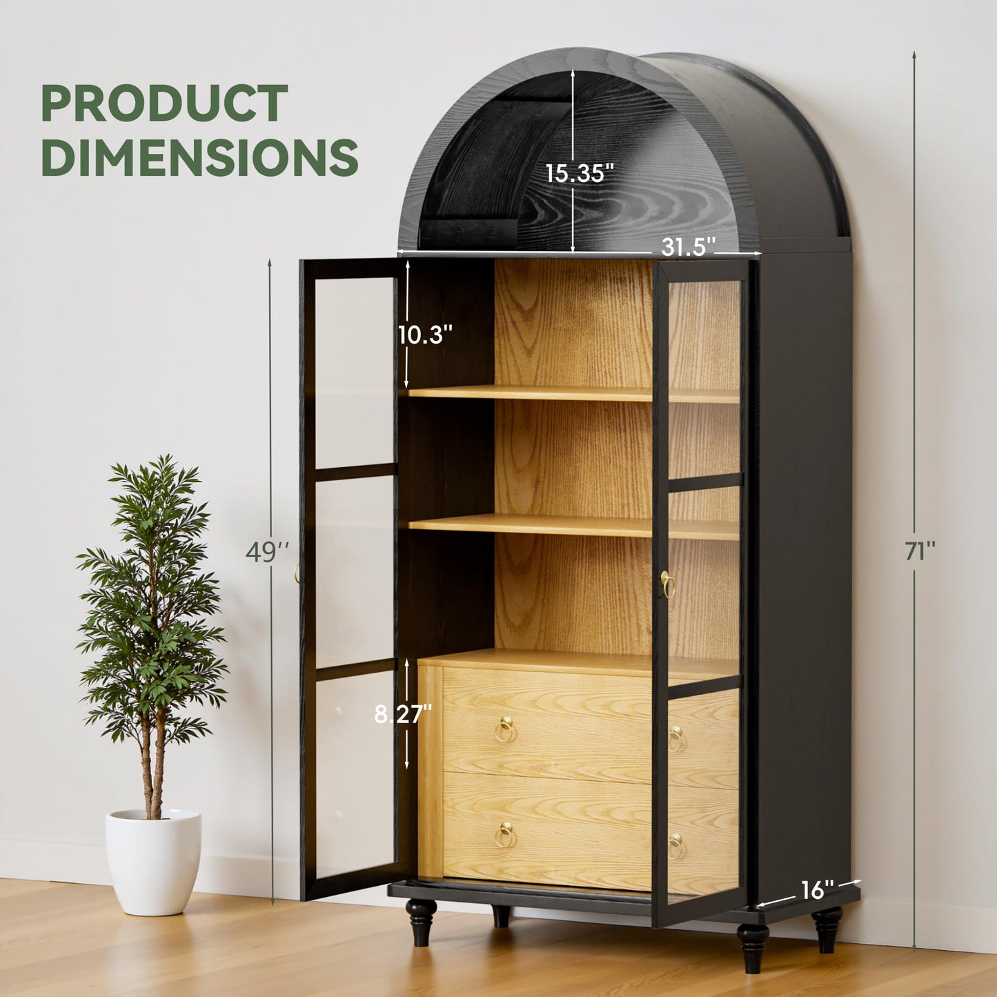 YESHOMY Kitchen Pantry Cabinet, 71" Arched Storage Cabinets Tall Pantry, Bookshelf, with Large Drawers, Shelves and Glass Doors, Farmhouse Cupboard, for Living Room, Dining Room(Black)