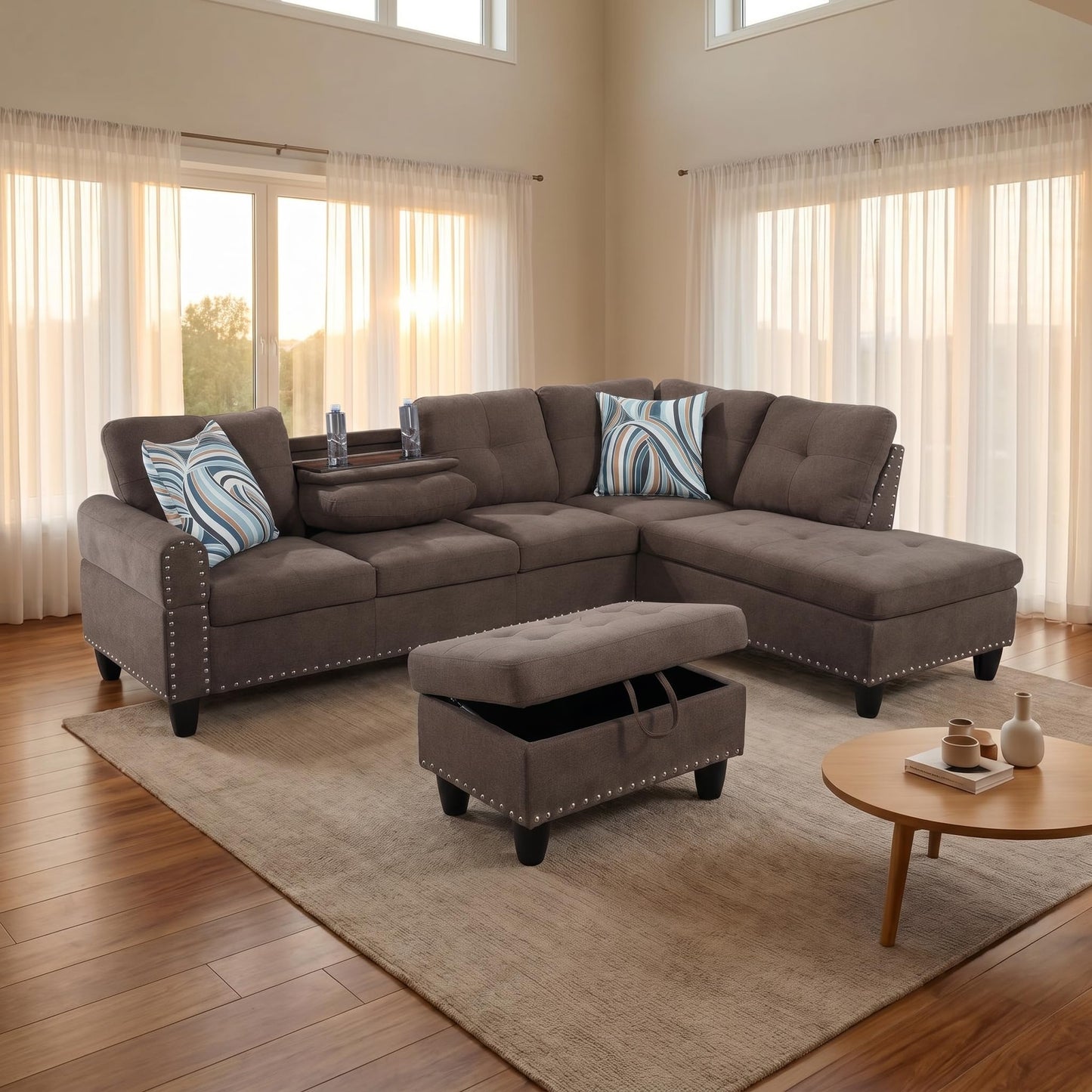 Trygoal 97.5" Linen L Shaped Couch with Right Chaise & Cup Holder, Sectional Sofas Modular Furniture Set with Storage Ottoman, Convertible Couches for Living Room, Small Space & Office (Brown)