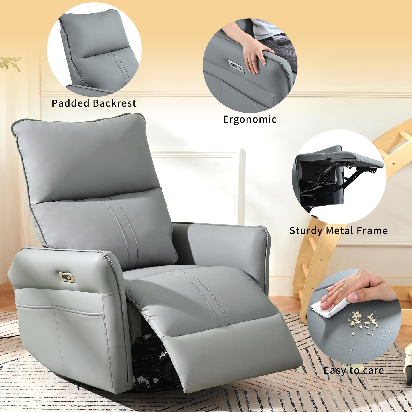KEIKI 270 Degree Power Swivel PU Leather Power Recliner Chair, Nursery Recliners, Home Theater Recliner Chair, Rocking Chair Electric Glider Reclining Sofa with USB Ports, Blue Gray