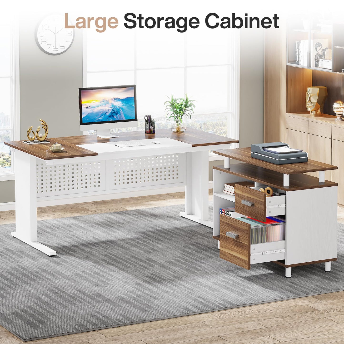 Tribesigns 63 Inch Executive Desk with File Cabinet, L Shaped Office Desk with Drawers and Storage Shelves, Business Furniture Set Workstation for Home Office, White and Walnut
