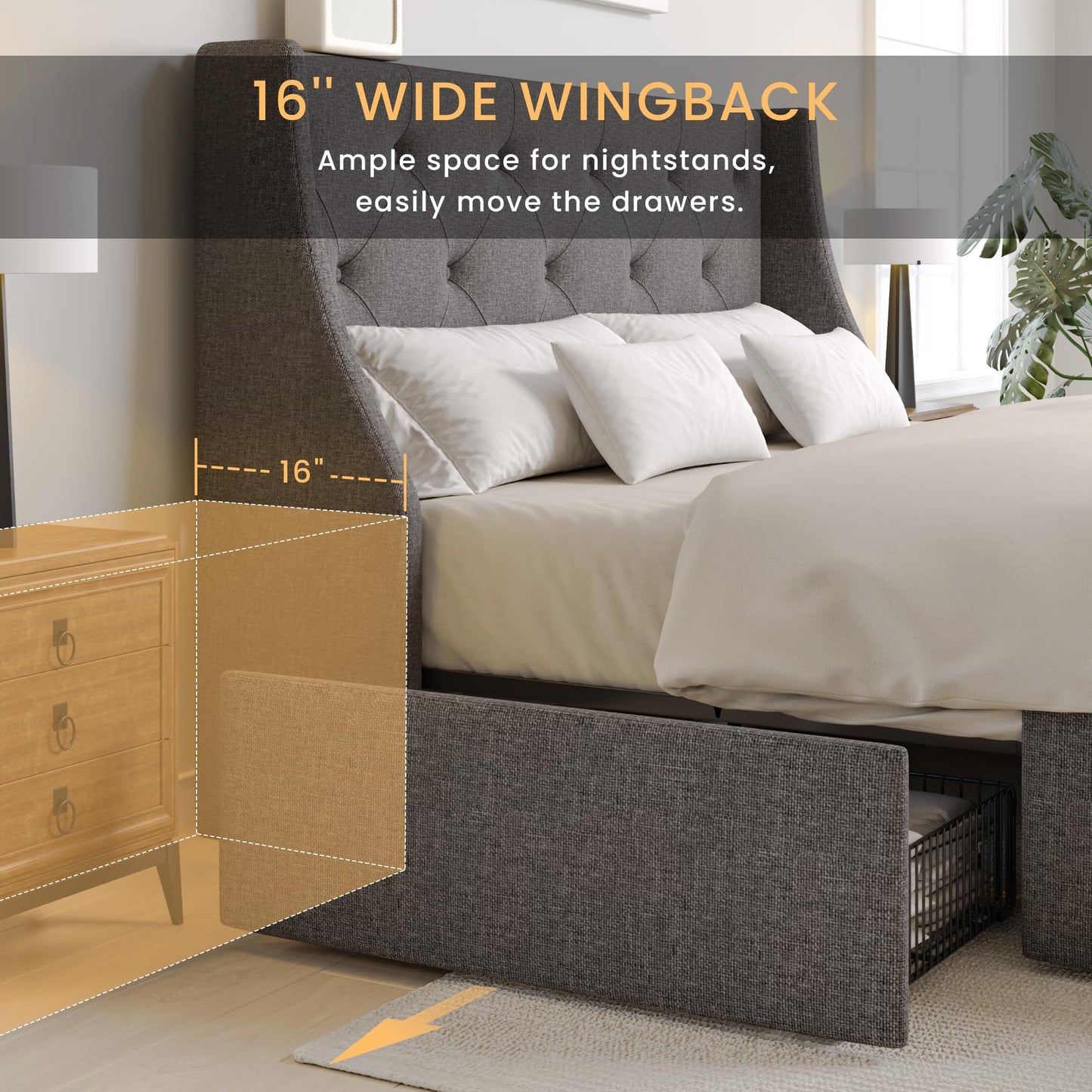 SHA CERLIN Upholstered Full Size Platform Bed Frame with 4 Storage Drawers and Wingback Headboard, Diamond Stitched Button Tufted Design, No Box Spring Needed, Light Grey