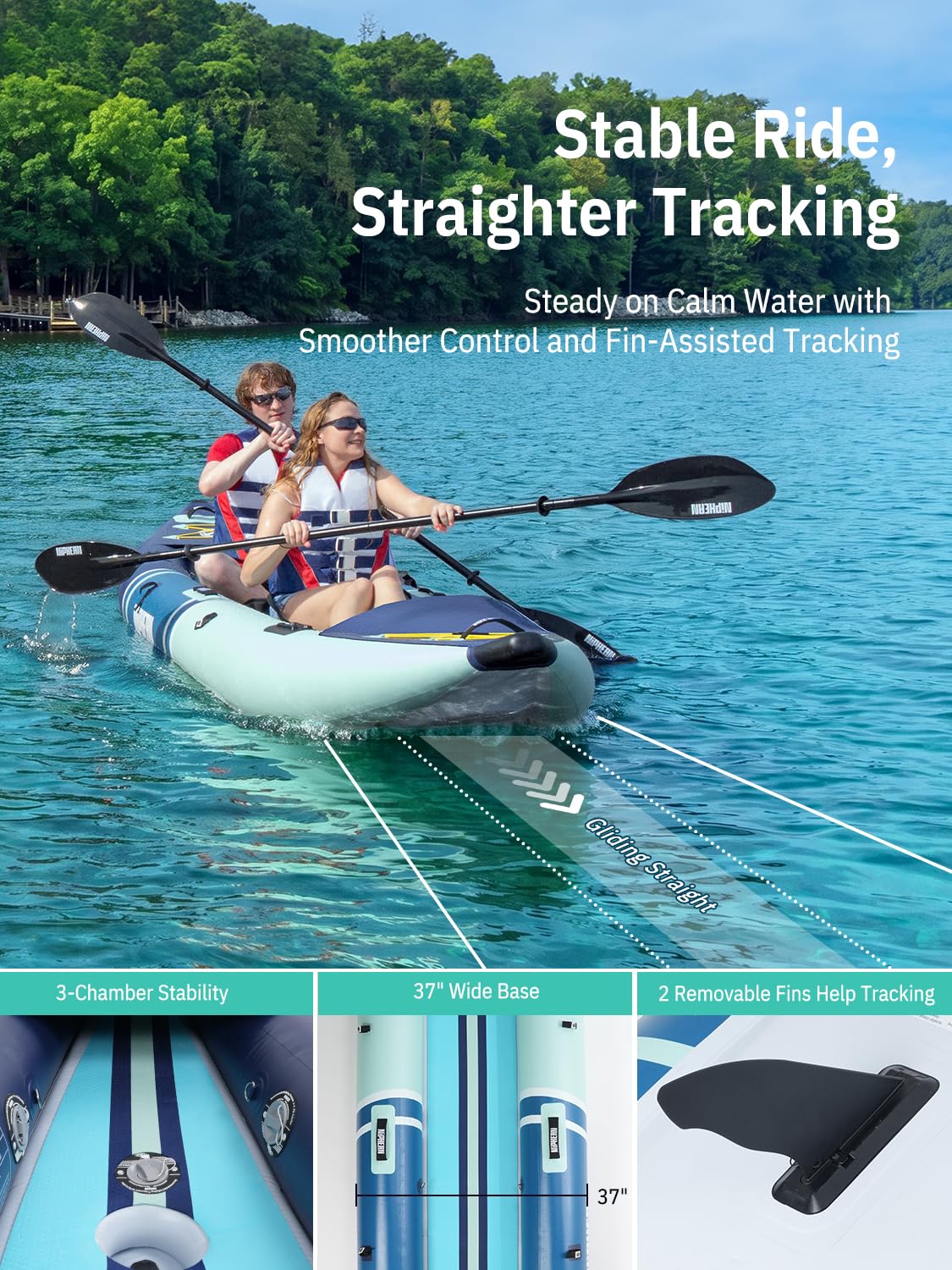 Niphean Inflatable Kayak 2 Person, 12'6" Tandem Kayak with 500lb Capacity, 3-Chamber Stable Design, Drop-Stitch Floor, with Fishing Mounts, Camera Base, Kayaks Seats for Lakes, Touring, Fishing