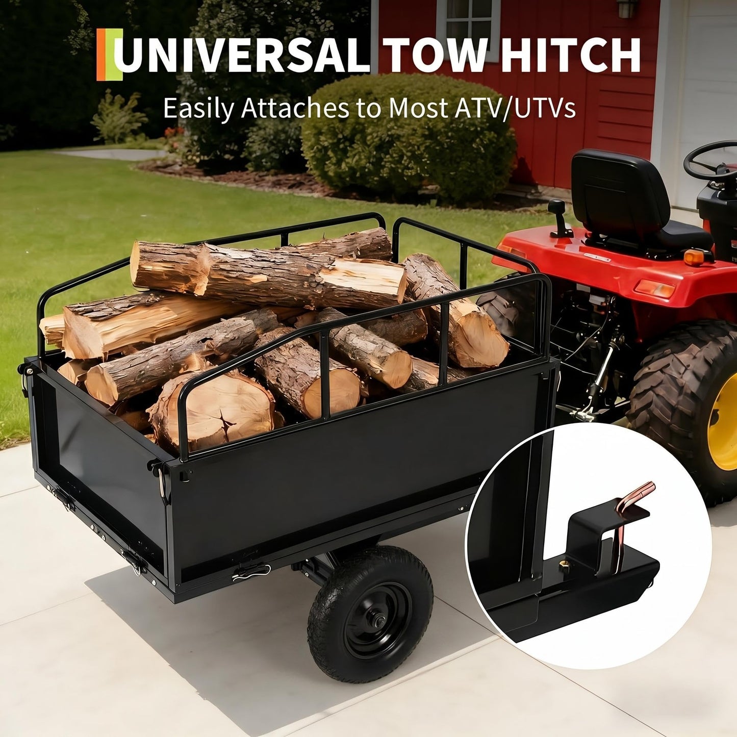 GarveeLife Lawn Mower Trailer ATV Dump Cart Tow Behind, 750 Lb Utility Garden Cart, 15 Cu.Ft, Heavy Duty Steel Garden Utility Trailer with Removable Sides for Atvs, Utvs Lawn Garden Tractors