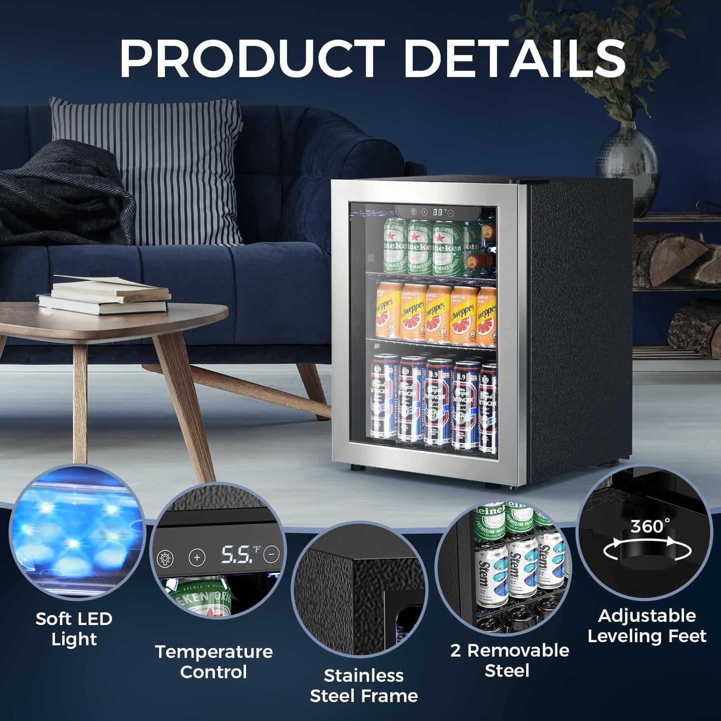 Electactic 68 Cans Beverage Refrigerator Cooler,1.7 cu.ft Mini Fridge with Seamless Stainless Steel & Glass Door for Beer, Soda,Wine, Digital Temperature Control for Home Office Bar