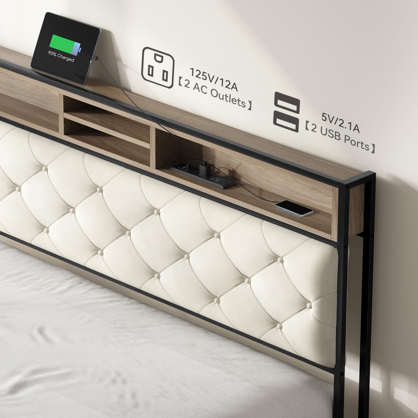 YITAHOME Queen Size Platform Bed Frame with 45.2'' Tall Headboard, Upholstered Storage Headboard with Charging Station, Large Under Bed Storage, No Box Spring Needed, Easy Assembly, Beige