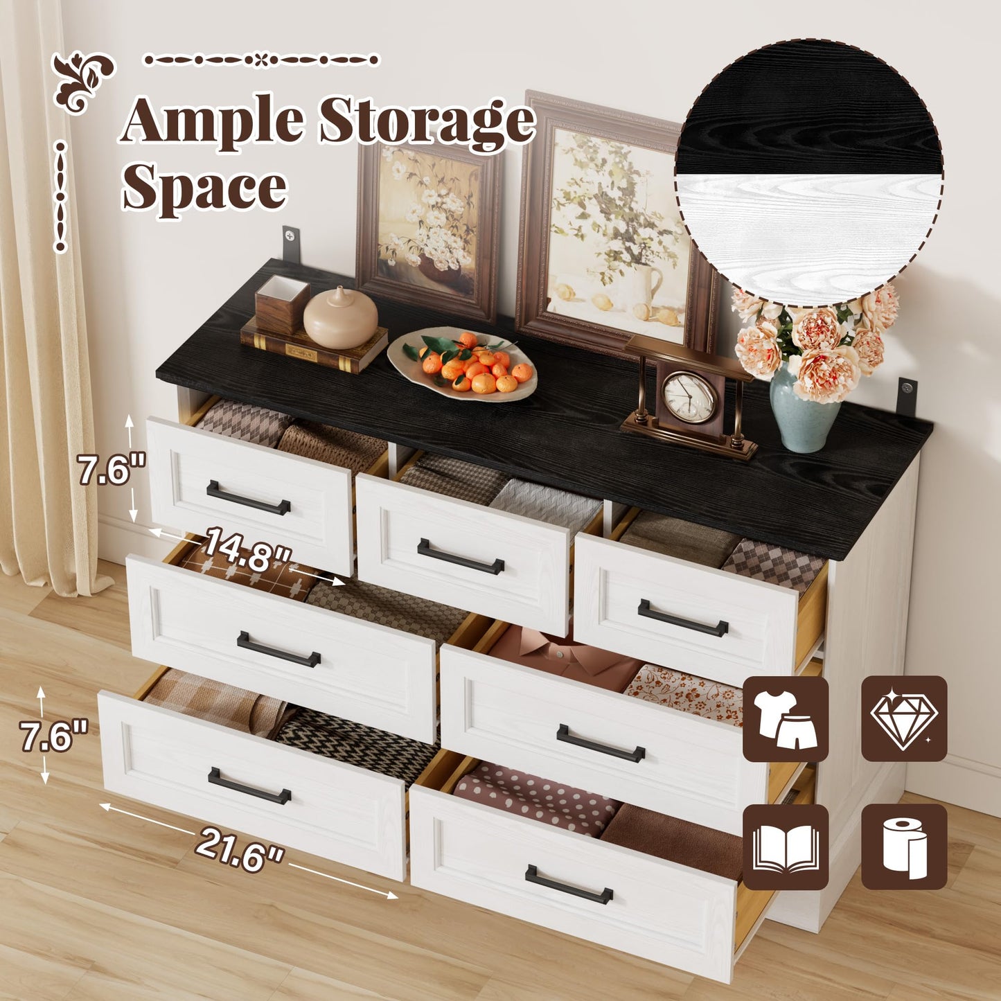 Furmax Farmhouse Dresser for Bedroom, 7 Drawers Dresser, Wood Chest of Drawers, 47.5" Wide Storage Dressers Organizer for Bedroom, Living Room, White and Black