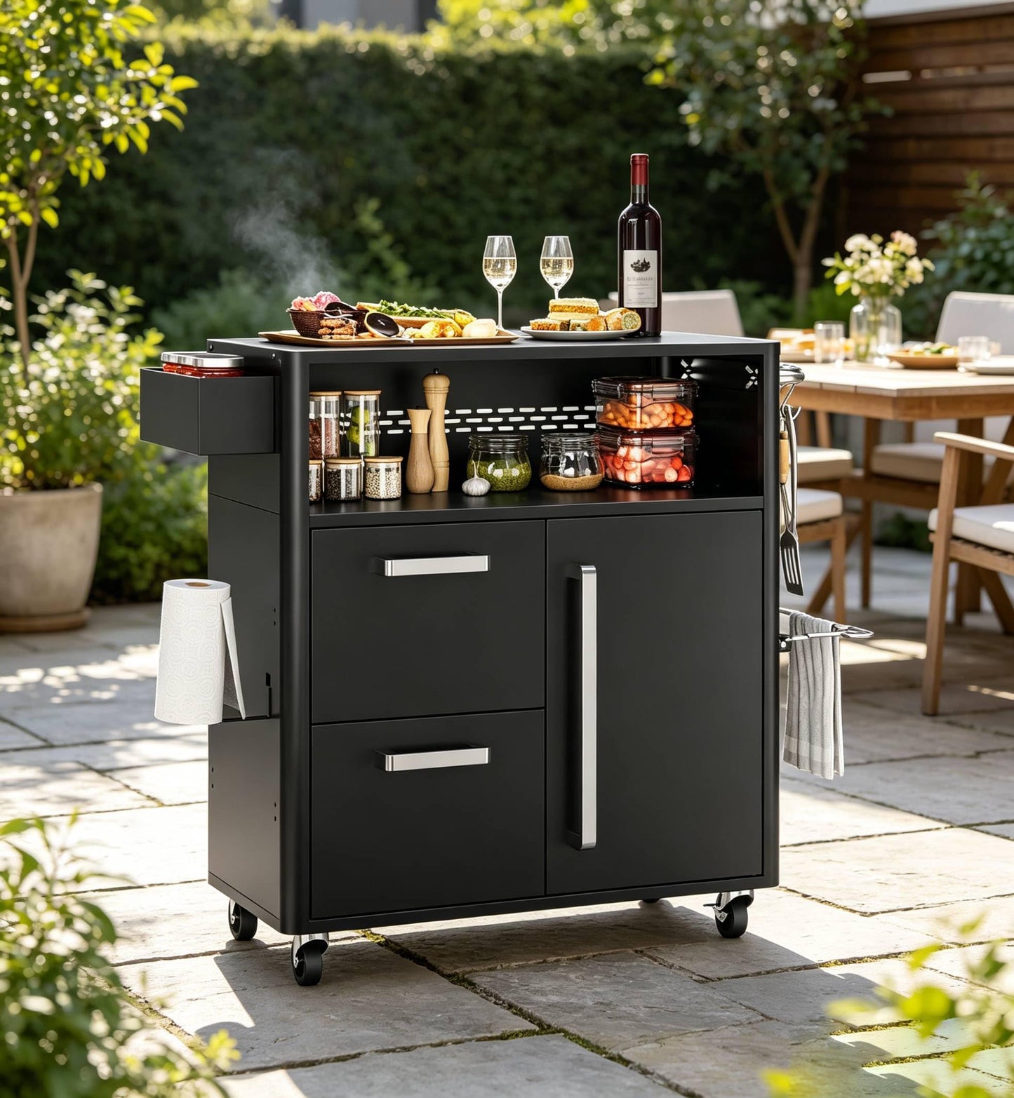 Heavy-Duty Outdoor Grill Cart with Stainless Steel Prep Table,Mobile BBQ Island Cart with Spacious Storage Cabinet & Lockable Wheels, Multi-Function Patio Kitchen Station for Grilling & Outdoor