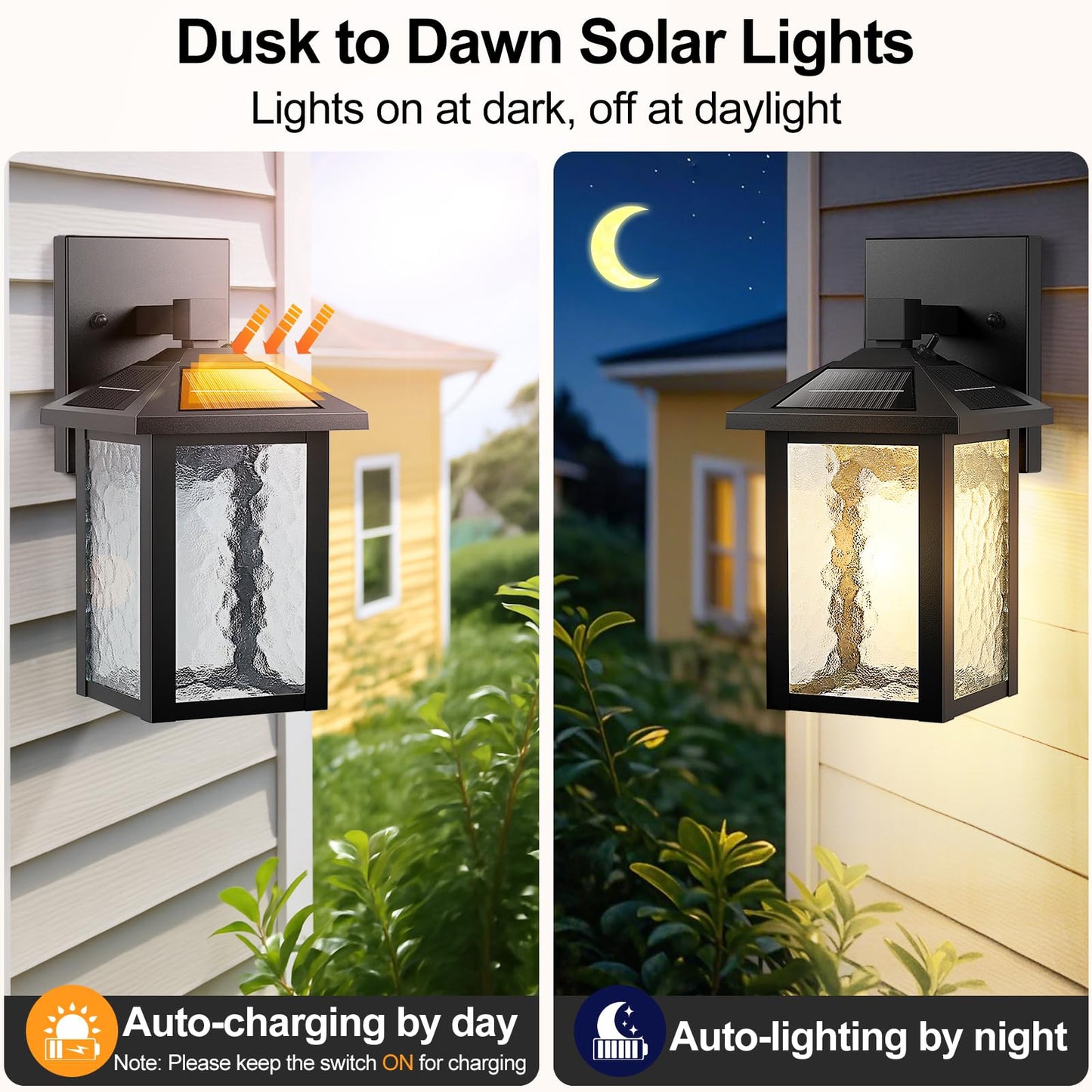 BesLowe Solar Wall Lights, 3000K/5000K Adjustable, Wireless LED Lantern Sconce, Black, Model YM-3161, 2-Pack