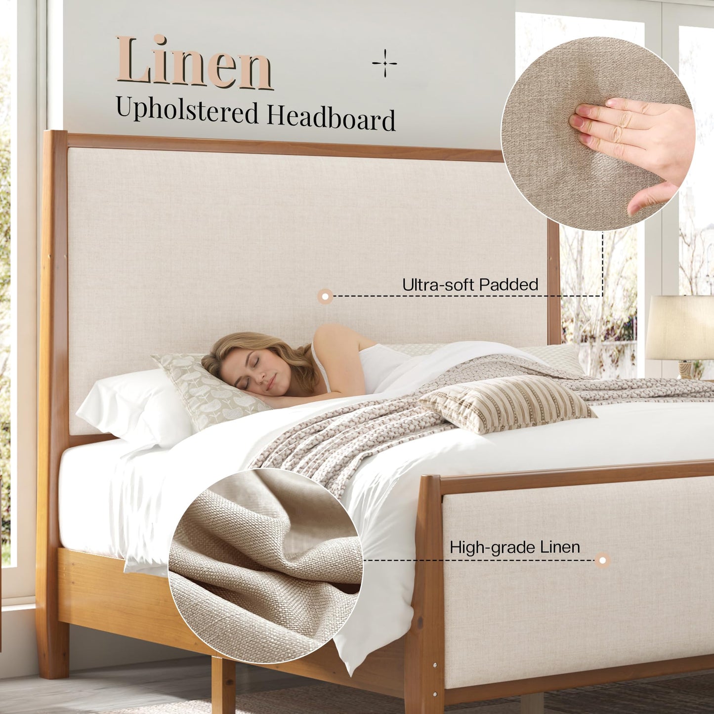 Jocisland 58" Tall Solid Wood King Size Bed Frame with Upholstered Headboard & Footboard, Wooden Platform Bedframe, No Box Spring Needed, Easy Assembly, Modern Farmhouse Style, Walnut