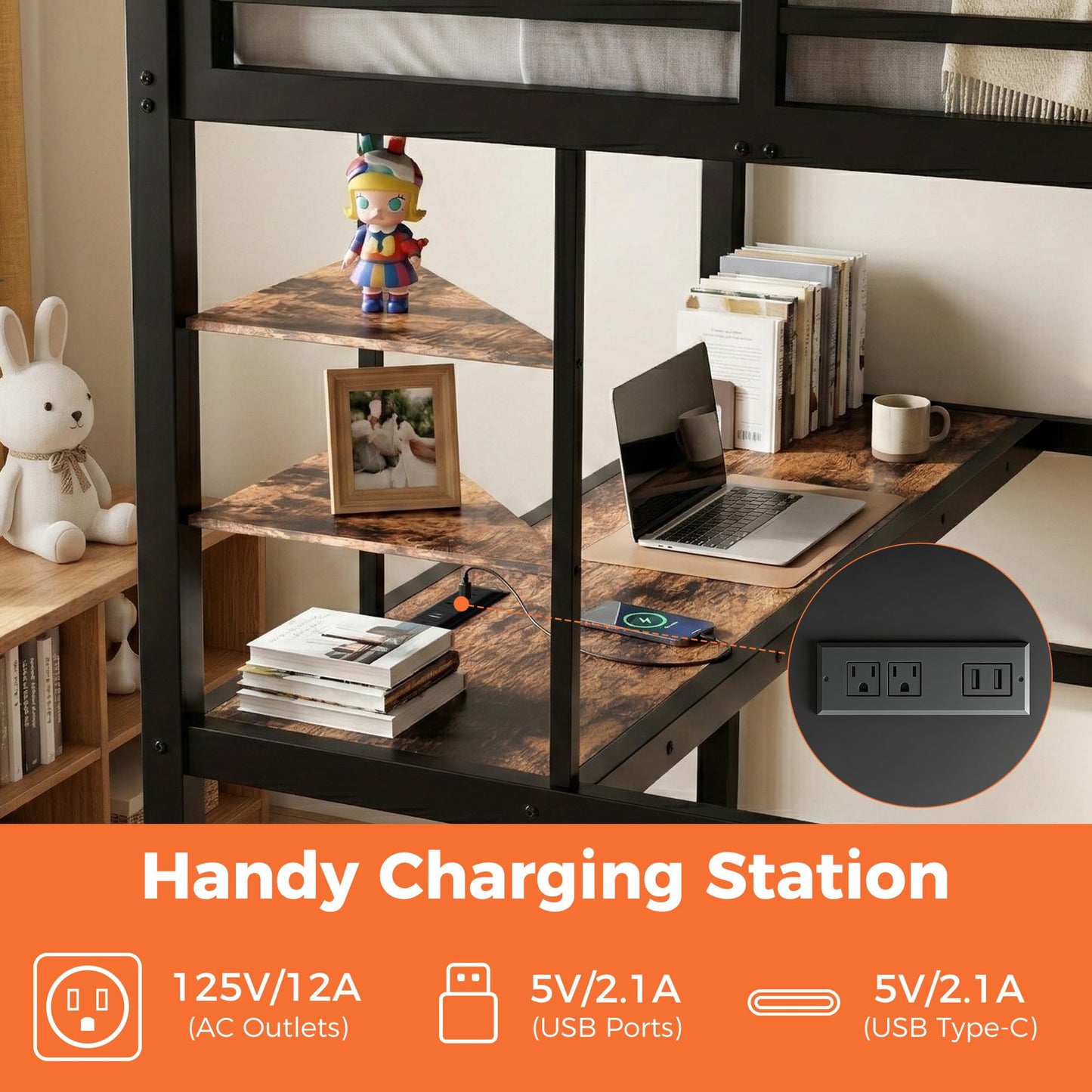 MAKIAAP Twin XL Size Metal Loft Bed with Desk & Ladder, LED Lights & Charging Station, Sturdy Noise-Free Frame for Kids, Teens & Adults, 350LBS, Space-Saving Design (Black, Twin XL)
