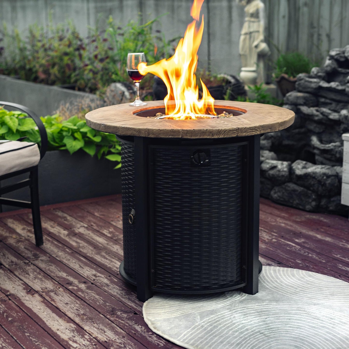 YOPTO 30inch Propane Round Fire Pit Table with 40000BTU and Stainless Steel Burner,Rattan Pattern Fireplace w/Piezo Electronic Lgniter & Rocks,Backyard Patio Garden Heater for Outdoor,Black