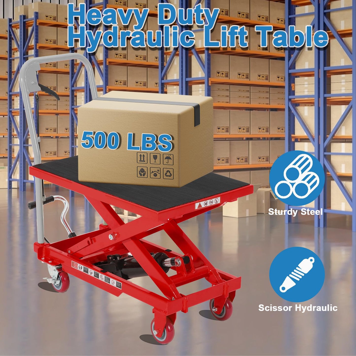 Garvee Heavy Duty Hydraulic Lift Table Cart 500LB Capacity, Single Scissor Lift Table with 28.5'' Lifting Height, Non-Slip Platform & Locking Wheels for Garage, Warehouse, Workshop, Red