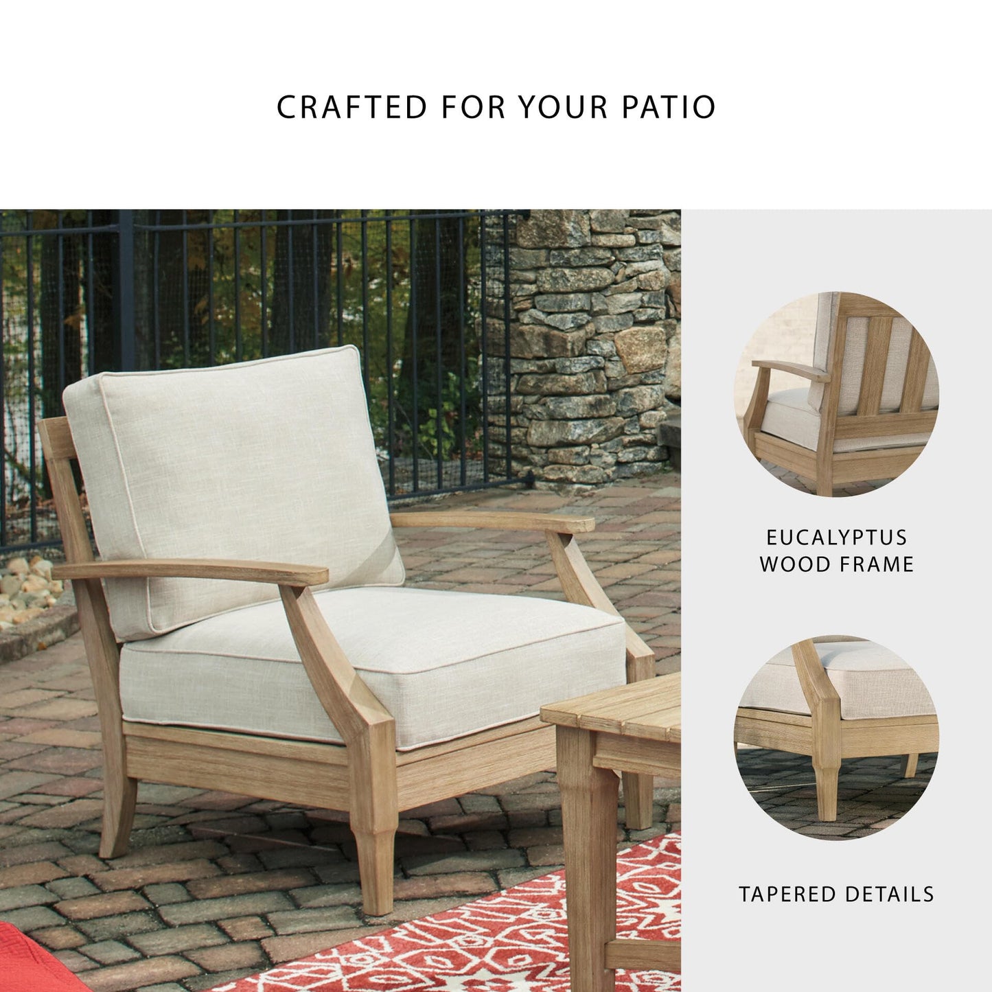 Signature Design by Ashley Clare View Outdoor Lounge Chair, All-weather Foam Cushion, Protective Finish, Eucalyptus Wood , 30" W x 35" D x 32" H, Beige