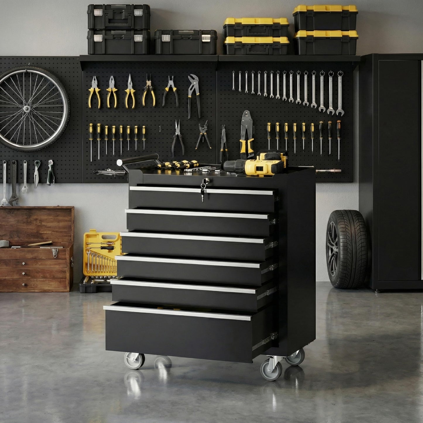 Rolling Tool Box with Wheels – 6 Drawer Heavy Duty Tool Chest Cabinet, Lockable Portable Storage Organizer with Drawer Liners, Mobile Mechanic Toolbox for Garage, Workshop, Shop, Easy Assembly, Black