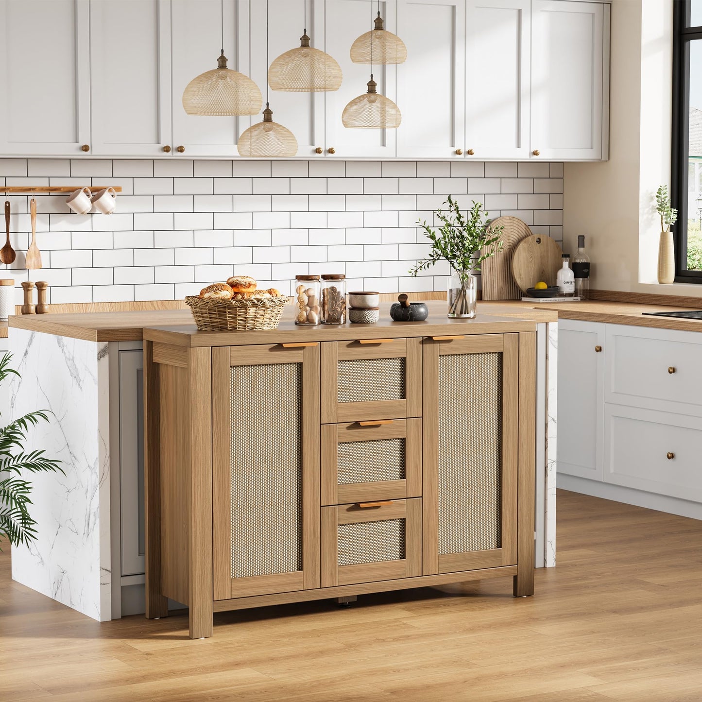 Garvee Rattan Buffet Sideboard Cabinet, Coffee Bar Cabinet with 3 Drawers, Boho Kitchen Accent Storage Cabinet for Dining Room, Living Room, Entryway, Light/Dark Oak