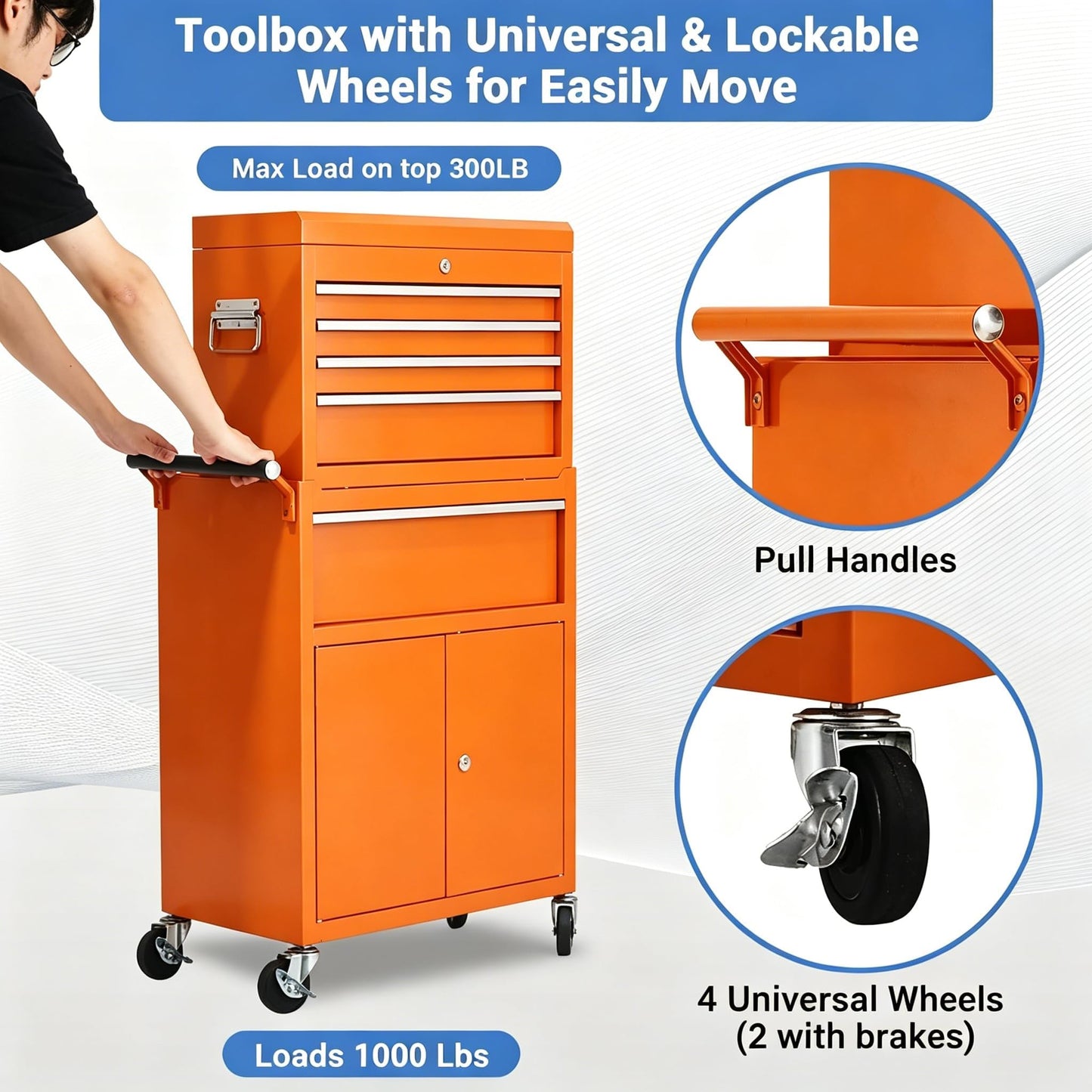 SierraSquad Heavy Duty 5-Drawer Rolling Tool Chest, 2-in-1 Detachable Top Tool Box, Locking Steel Storage Cabinet Cart on Wheels, Orange