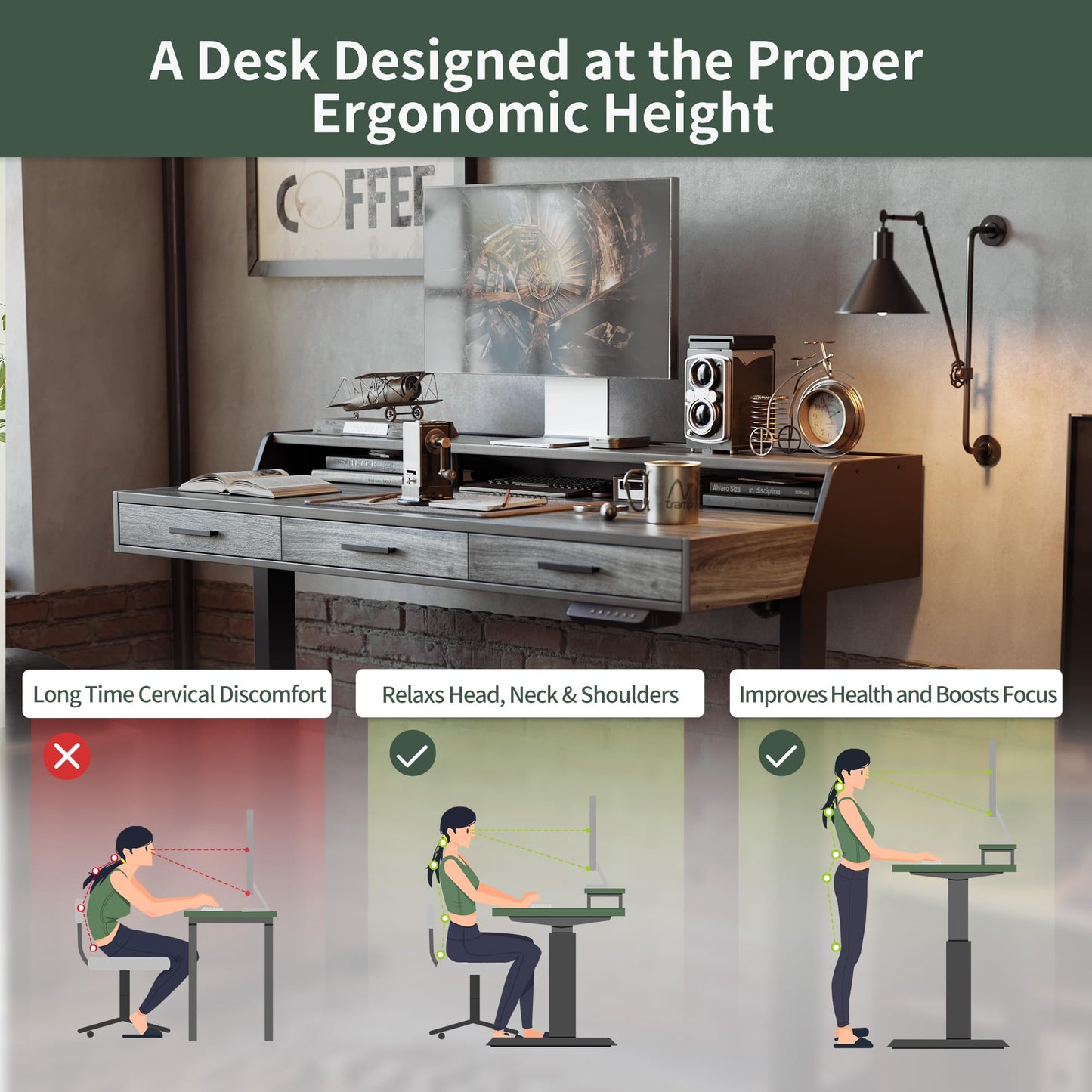 CubiCubi Standing Desk 55x26 Inches with 3 Wood Drawers and Monitor Shelf, Ergonomic Rising Home Office Desks, Height Adjustable Computer Desk, Sit Stand Up Electric Workstation Table, Antique Grey