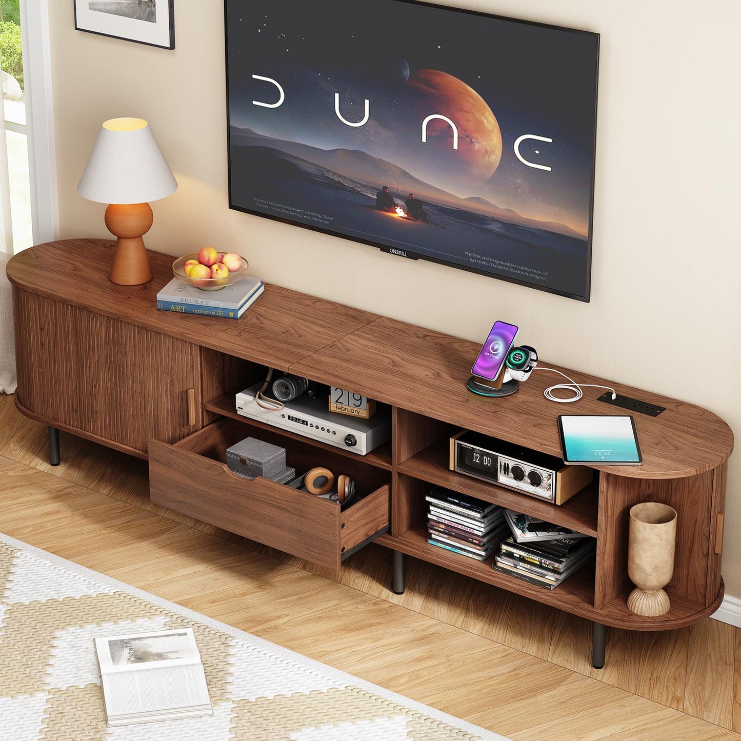 ONBRILL 86.6" TV Stand with Power Outlet for TVs up to 90", Entertainment Center with Storage and Drawer, TV Console with Adjustable Shelves and Sliding Door, TV Stand for Living Room, Bedroom, Walnut