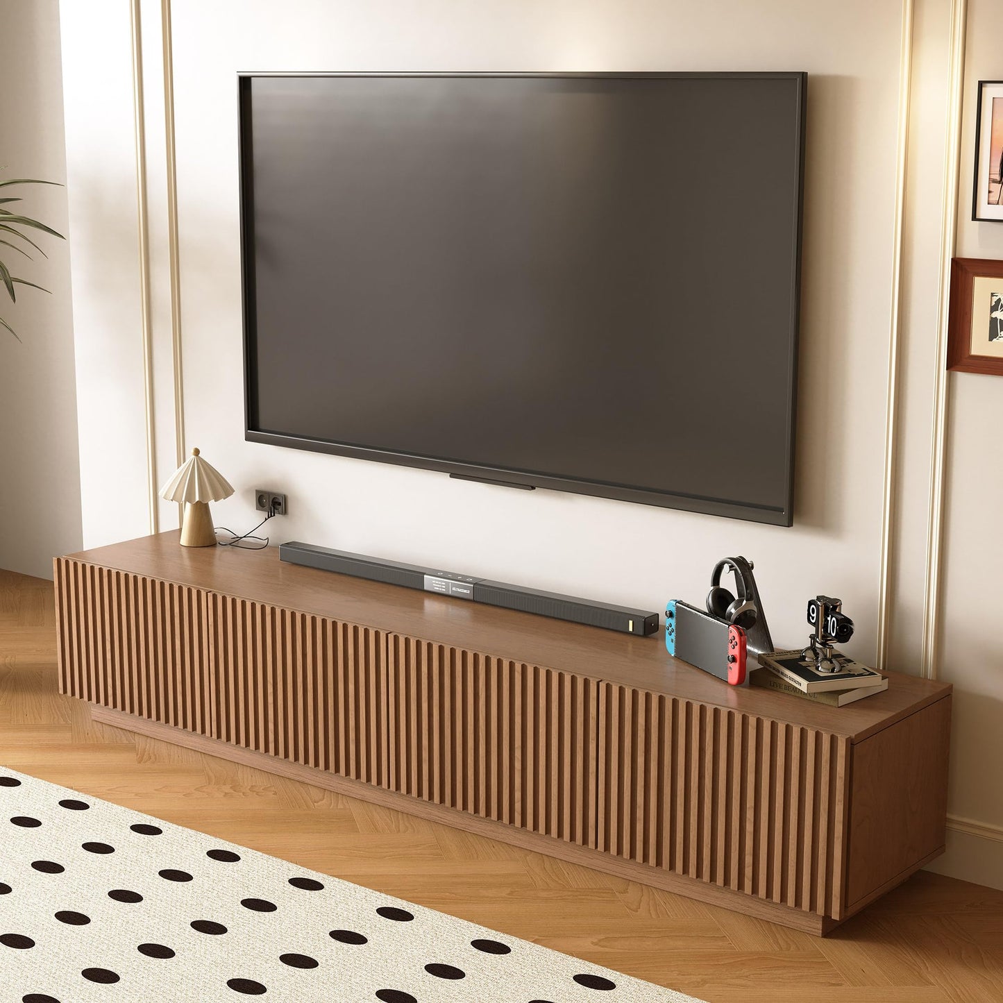 NessCarsti 86.61" Mid-Century Modern TV Stand for TVs up to 85", Sturdy Living Room Furniture Media Console with Large Storage Space, Entertainment Center for Living Room and Bedroom, Walnut