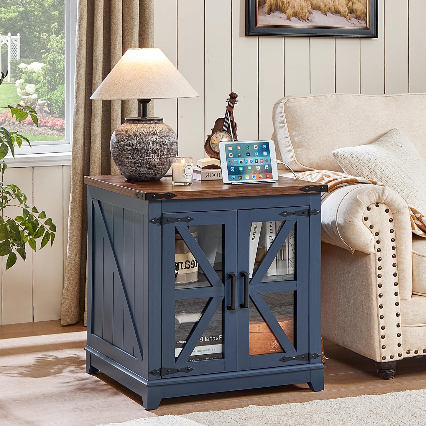 Joaxswe End Table Set 2 with Charger Station, Farmhouse 18'' Narrow Night Stand and 24" Square Side Table with Glass Barn Door Storage, Wood Nightstand Bedside Tables for Living Room Bedroom
