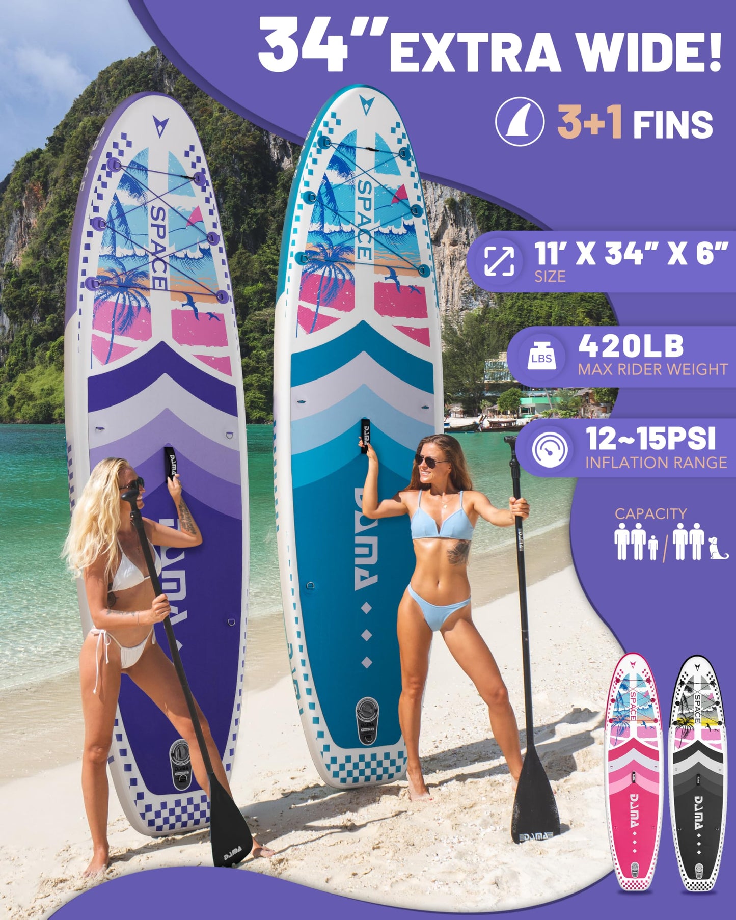DAMA 11'*34"*6" Inflatable Paddle Board, Paddle Boards for Adults,Sup,Lightweight and Durable, Easy to Inflate, Versatile in Style, Fully Functional, Equipped w/High Grade Accessories，Purple.