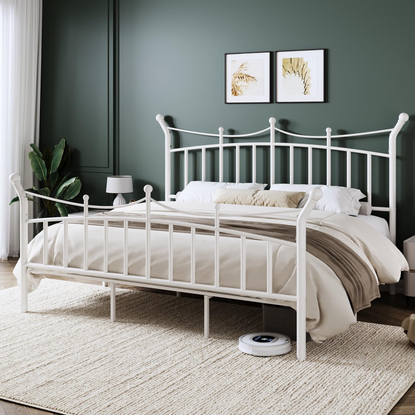 Allewie 14 Inches King Size Metal Platform Bed Frame with Elegant Crown Iron-Art Headboard & Footboard, Sturdy Mattress Foundation with Under-Bed Storage, Easy Assembly, No Box Spring Needed, White