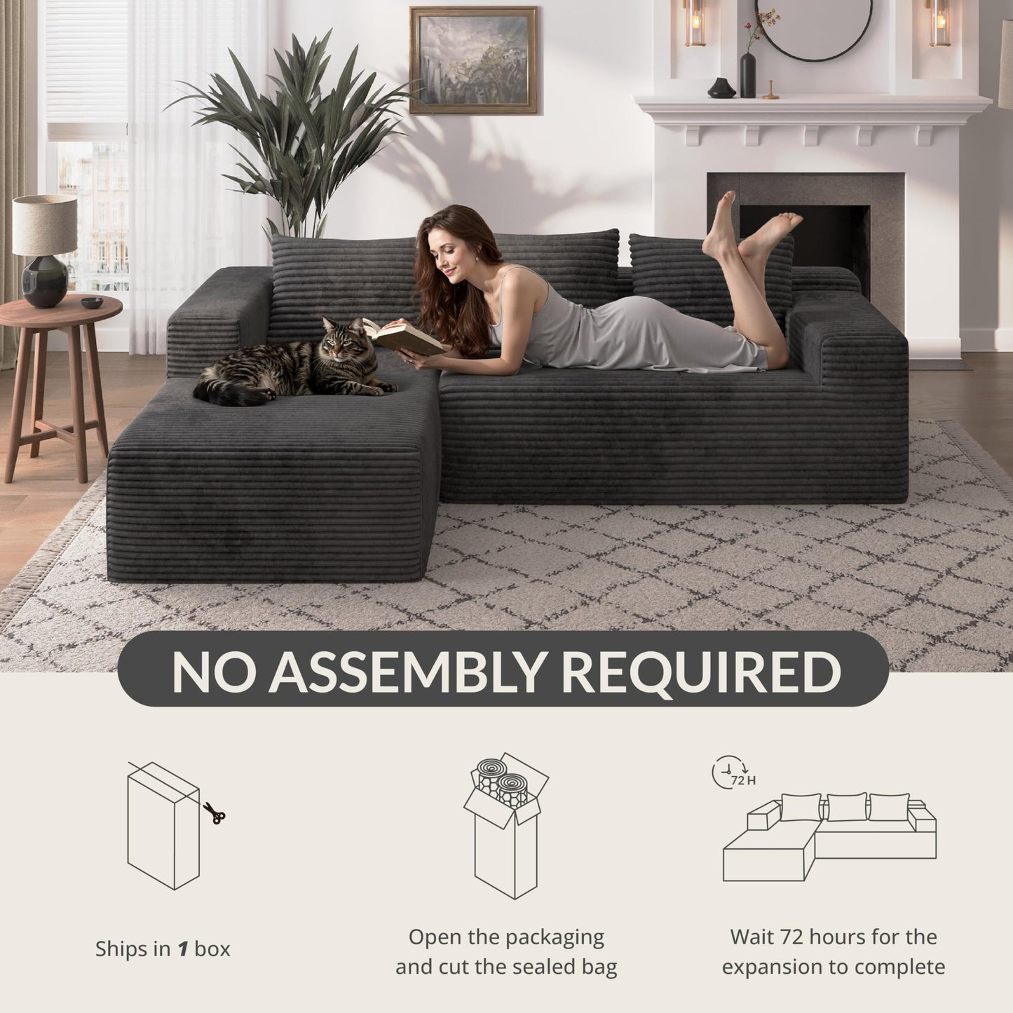 Attalee Modular Sectional Sofa for Living Room, L Shaped Compressed Corduroy Sectional Boneless Couches with Deep Seat and 4 Storage Pockets, Easy Assembly, Dark Grey