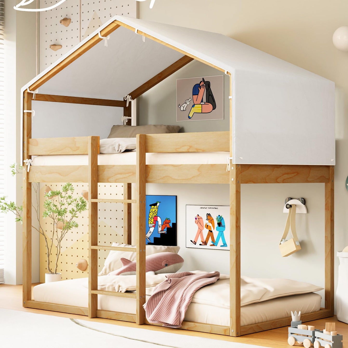 Merax Twin Over Twin Bunk Bed Wood Frame with Beige Cotton Tent,House-Shaped for Kids Toddlers Teens Girls Boys,Natural