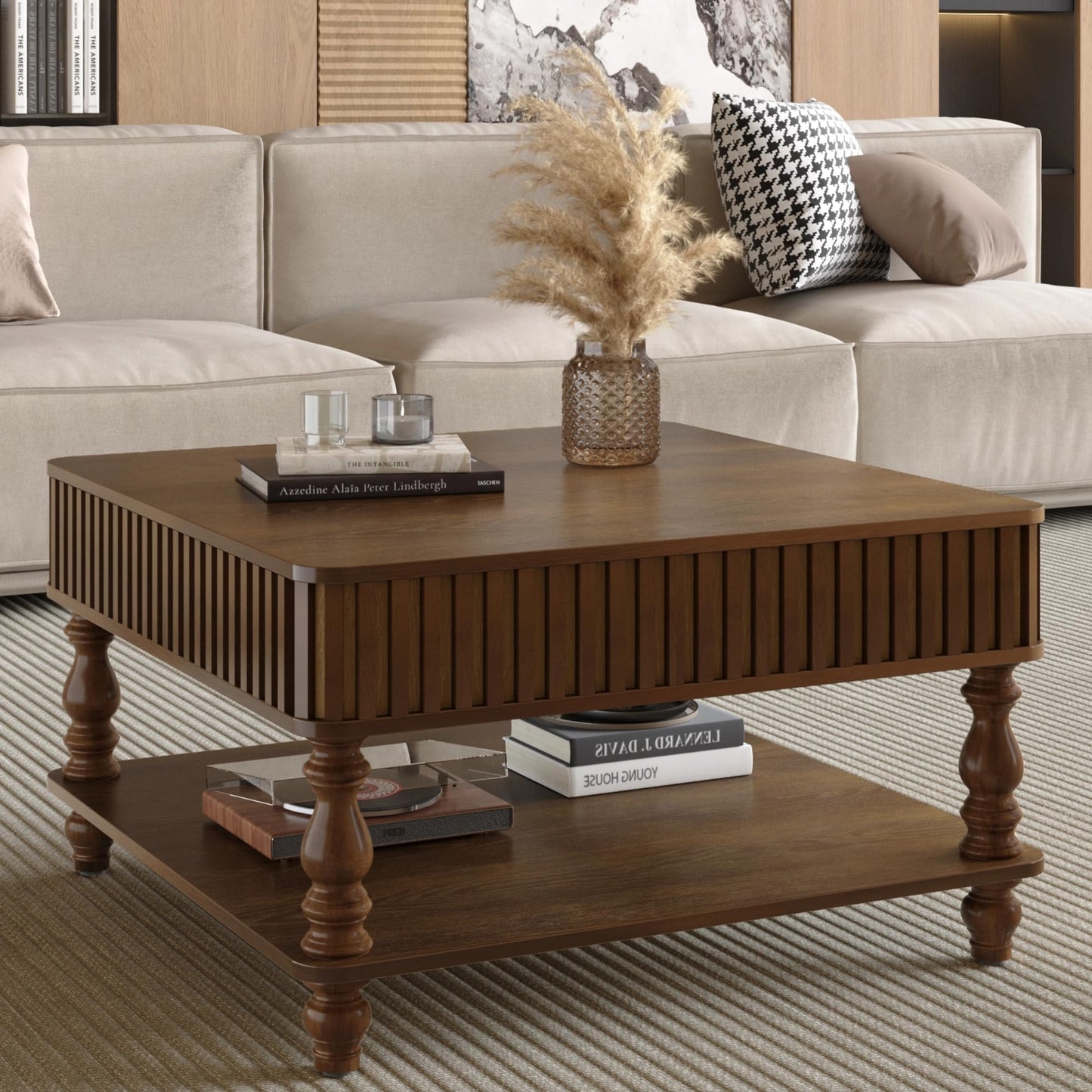 HARR Lift Top Square Coffee Table with Storage, 31.5'' Sofa Side End Table, Fluted Design Hydraulic Raising Mechanism, Hidden Compartment & Open Shelf, Retro Solid Wood Legs for Living Room, Walnut