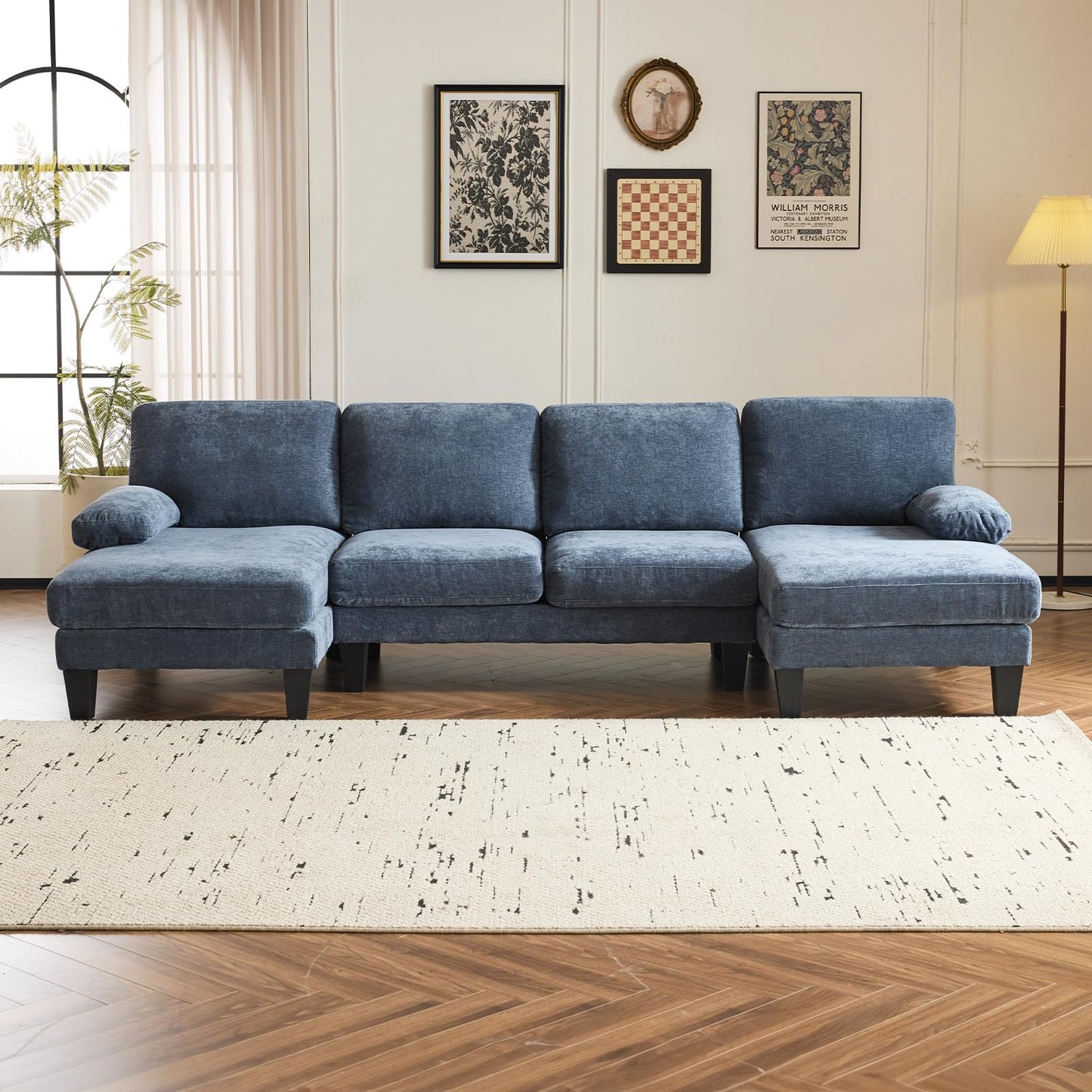 VINGLI 110" Sectional Couches for Living Room,U Shaped Couch with Double Chaise, 4-Seat Sofa Set with Corduroy Fabric for Home Furniture,Ocean Blue